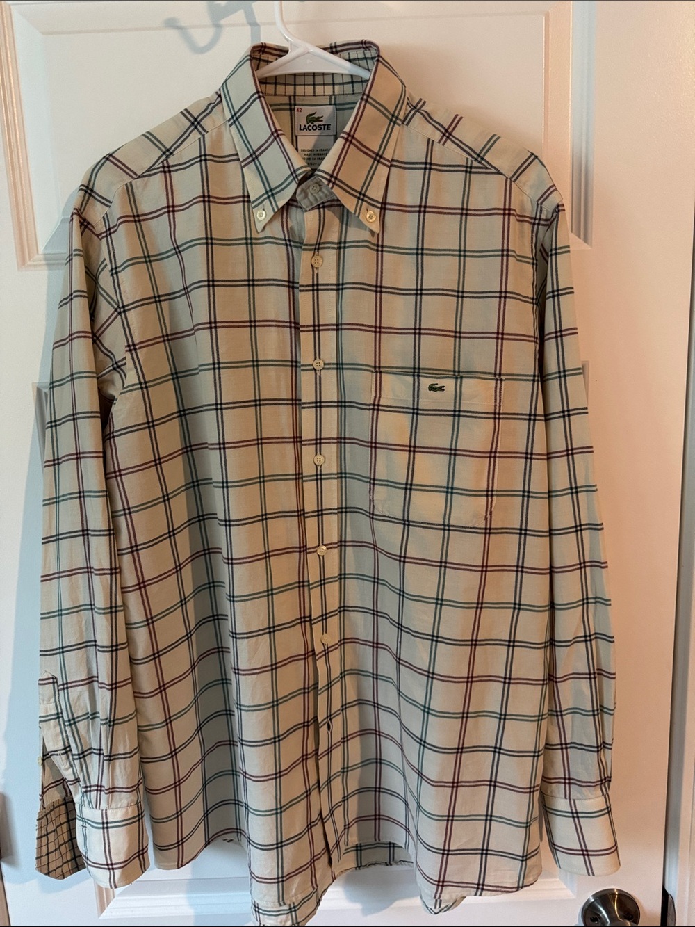 Lacoste Beige Plaid Long-Sleeve Button-Down Shirt with Navy & Burgundy Checks